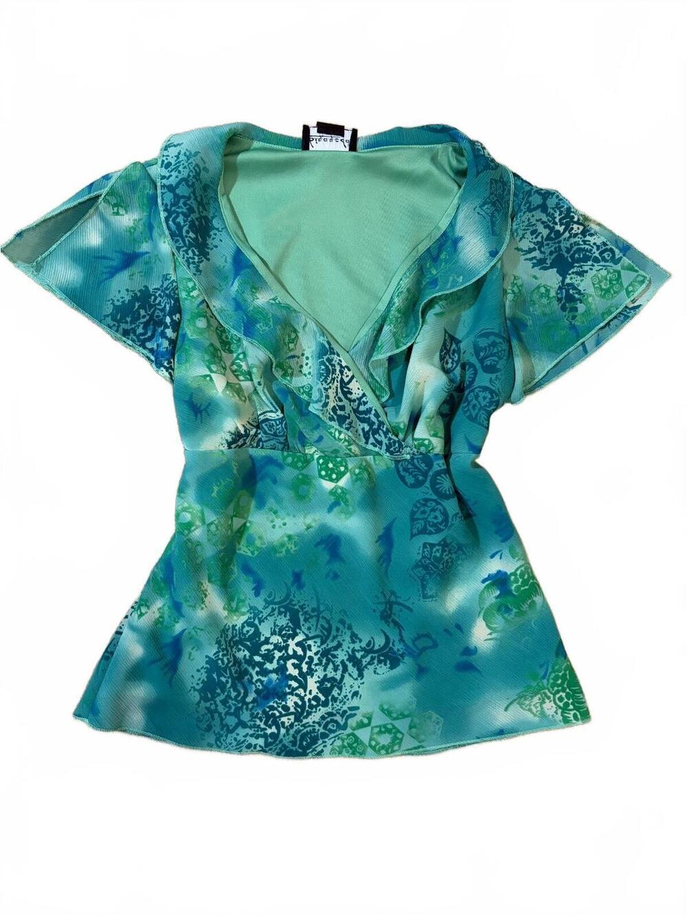 Vintage Y2K Fairy Blouse Women’s Size S Teal Blue Geometric Ruffle V-Neck Top
